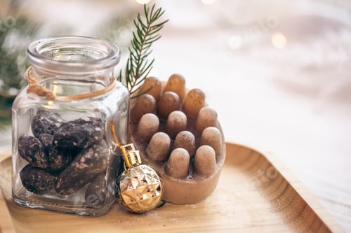 Preview: Winter spa composition with body care items and decor details.