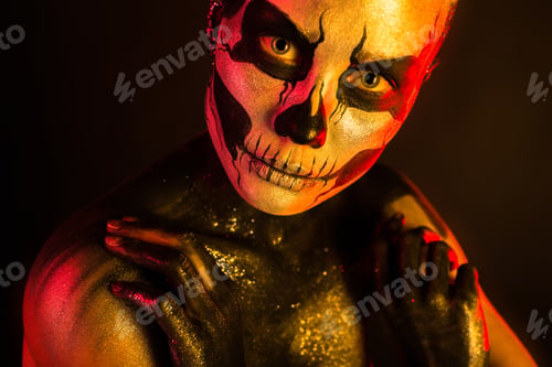 Preview: Attractive spooky girl with skeleton makeup