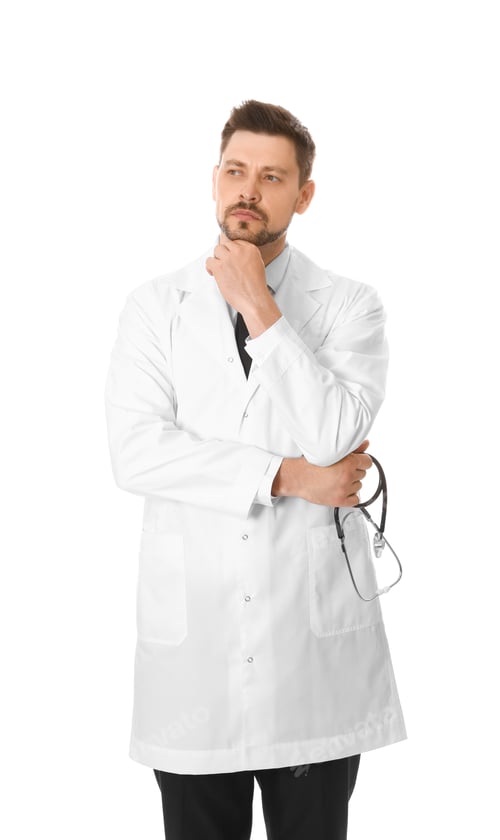 Preview: Portrait of pensive male doctor isolated on white. Medical staff