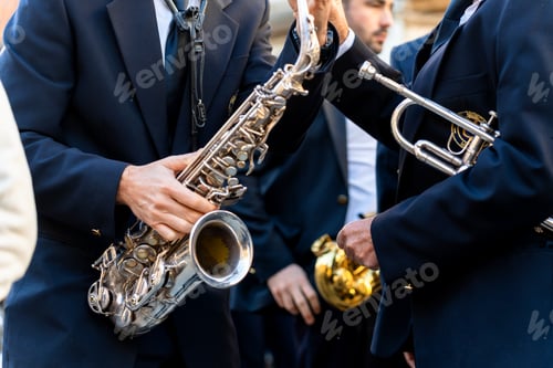 Preview: Band musicians with their instruments on the street. Typical music bands in Spain.
