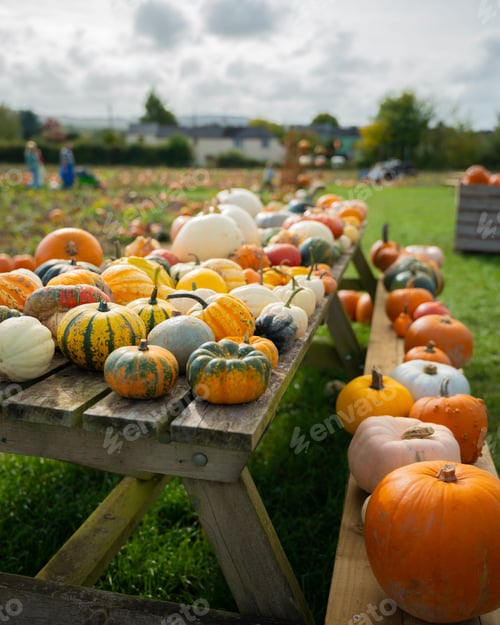 Preview: Harvested pumpkins on a wooden table and bench in a field