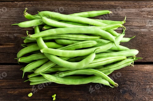 Preview: Fresh green beans on dark wooden rustic background top view flat lay