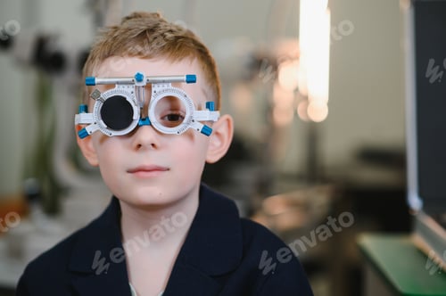 Preview: Boy undergoing eyesight examination with trial frame in ophthalmology clinic