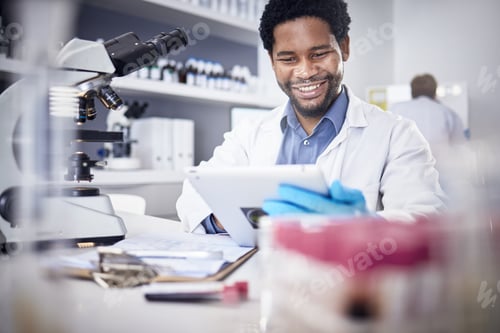 Preview: Scientist, research and black man with tablet, laboratory and innovation for healthcare, online sch