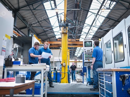 Preview: Engineers at lathe workstation in engineering factory