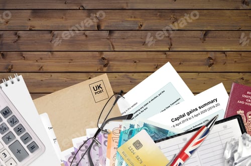 Preview: English Tax form sa107 Capital gains summary from HM revenue and customs lies on table with office