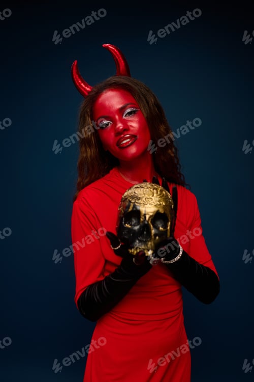 Preview: A captivating woman dons a dramatic Halloween costume featuring devilish horns and striking colors