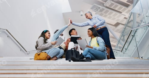 Preview: High five, university and students with celebration, support and motivation for test, project and r