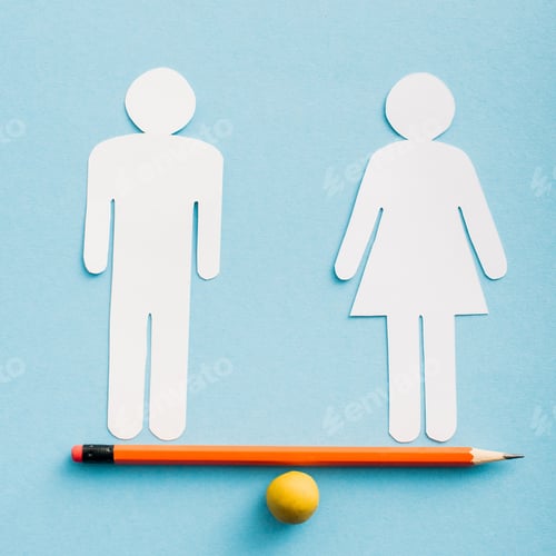 Preview: paper cut figures of couple as gender equality on pencil with small ball isolated on blue, sexual