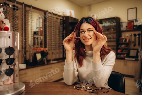 Preview: Young woman is choosing a glasses in optician store.