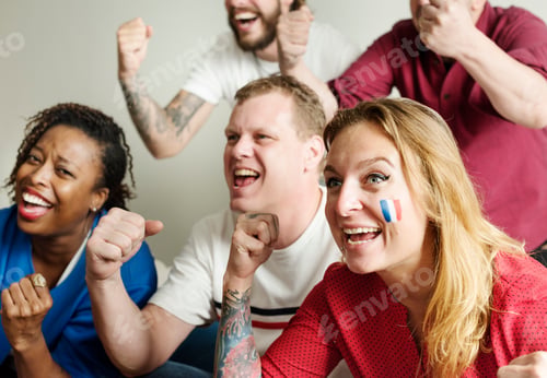 Preview: Friends cheering world cup with painted flag