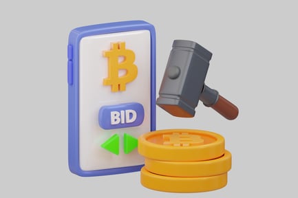 Preview: Smartphone with Bitcoin logo and hammer next to stacks of coins