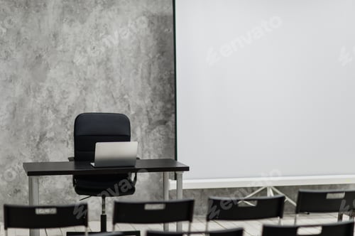 Preview: Modern university group study room with white desk and chairs
