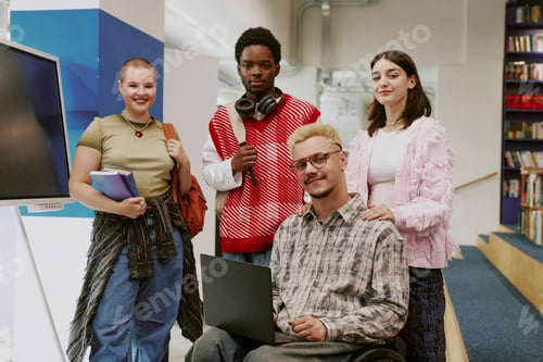 Preview: Diverse Students Smiling and Looking at Camera in Library
