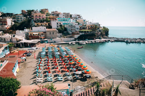 Preview: Beach in greece in summer, top view, tourist season, sunrise over the sea