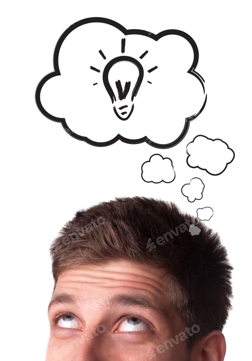 Preview: Young Man With Speech Bubbles Over His Head, Isolated On White Background
