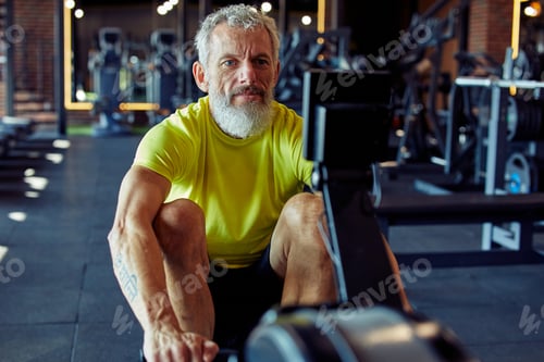 Preview: Working out in fitness club. Strong mature athletic man in sportswear exercising on rowing machine