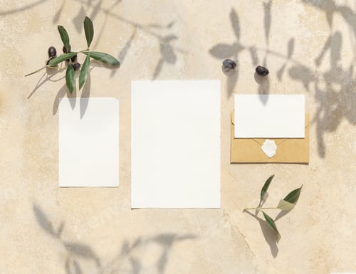 Preview: Blank cards on concrete table with olive tree branches and hard shadows, wedding mockup
