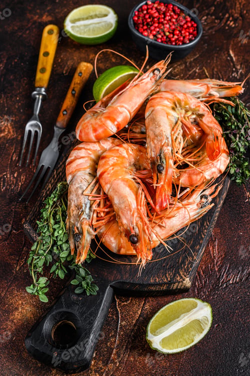 Preview: Giant Tiger Prawns shrimps on a cutting board with herbs. Dark background. Top view