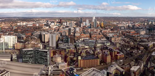 Preview: Aerial panorama of Leeds city centre with retail district and train station