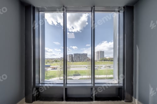 Preview: empty modern hall room with columns, doors and panoramic windows.