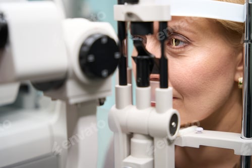 Preview: Woman head is fixed in front of special ophthalmological device