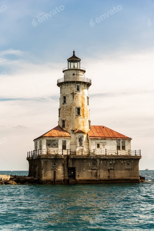 Preview: Aged lighthouse at the shore of a tranquil lake, its weathered beams basking in the warm light