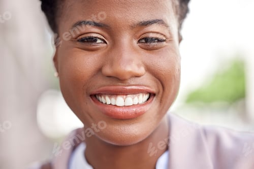 Preview: Smile, face and business woman travel in a city or urban town feeling excited to commute to work or