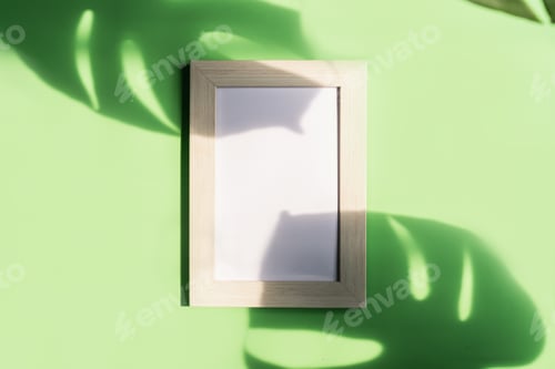 Preview: Empty picture frame with shadow of tropical green leave on color background