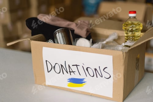 Preview: Donation food for refugees from Ukraine, support of war victims.