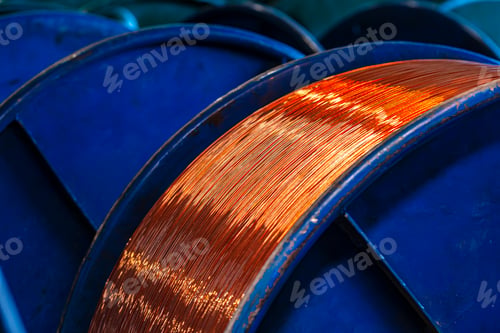 Preview: Copper wire reels in cable factory close up