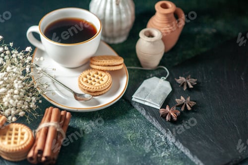 Preview: front view cup of tea with sweet biscuits on dark background bread drink ceremony breakfast morning