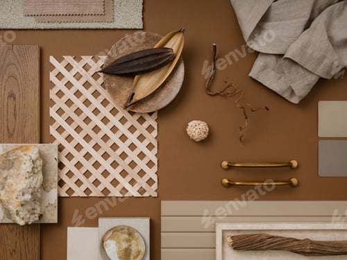 Preview: Elegant flat lay composition in brown and beige color palette with textile and paint samples