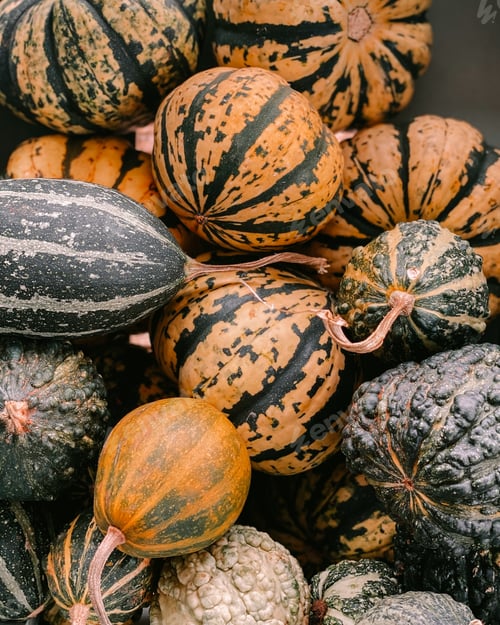 Preview: Vibrant selection of pumpkins displayed in a neat stack