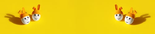 Preview: banner two pairs white eggs in orange beanie with rabbit ears cheerful faces on yellow background