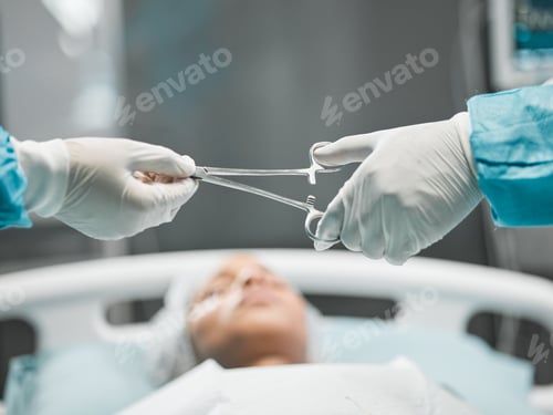 Preview: Healthcare, hands on tools and doctor in surgery with equipment, teamwork and support in hospital.
