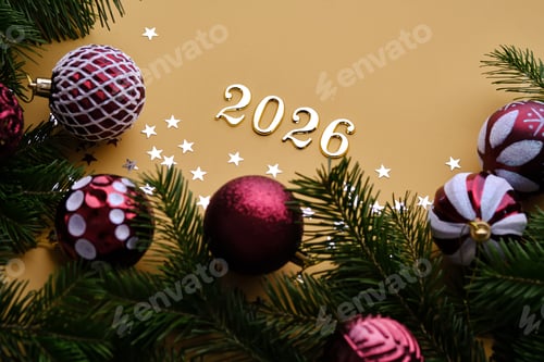 Visualização: Fundo amarelo de Ano Novo com o número do próximo ano de 2026.