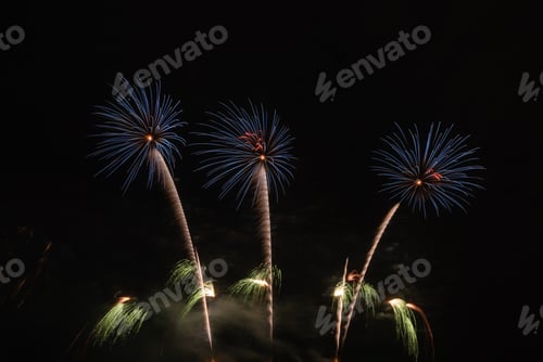 Preview: Fireworks festival display at night. Variety of fireworks in celebration. Happy New Year.