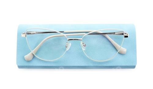 Preview: Case with stylish glasses isolated on white, top view