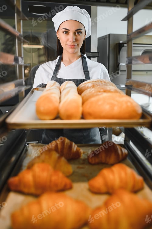 Preview: Baker woman holding tray with freshly baked bread and croissants