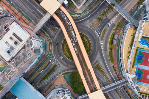 Preview: Tin Shui Wai, Hong Kong, 02 February 2019: Top down view of Hong Kong light rail in the city