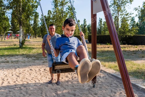 Preview: Father and son having fun playing with the swing in a park.