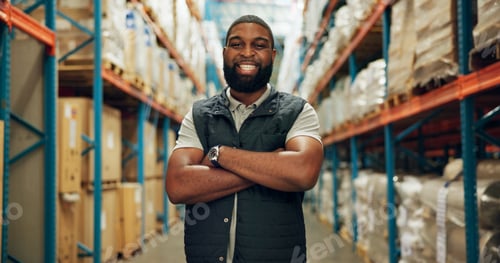 Preview: Portrait, confident and black man at warehouse for distribution, logistics industry and package inv