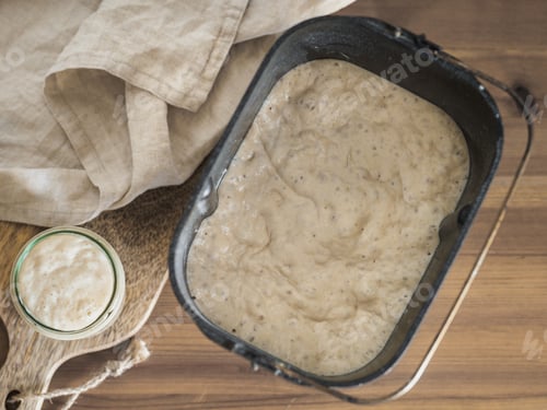 Preview: Wheat sourdough starter, top view, copy space
