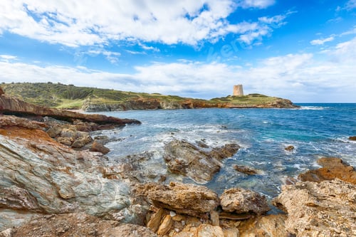Preview: Amazing morning view of Piscinni bay with turquoise sea and famous coastal tower of Piscinni