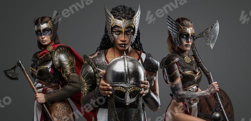 Preview: Three amazons with makeup and cold steel against grey background