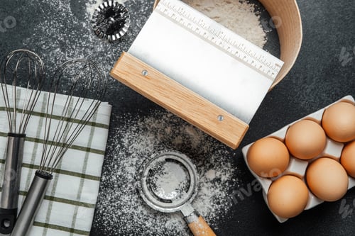 Preview: Baking preparation with eggs, flour, and kitchen tools on a dark surface