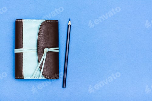Preview: Closed organizer in a two-color leather binding and a pencil on a blue background. Top view.