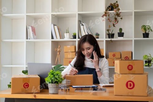 Preview: Starting Small business entrepreneur SME freelance,Portrait young woman working at home office, BOX