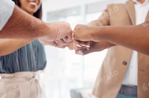 Preview: Business people, hands or fist bump for team building, collaboration support or office teamwork for
